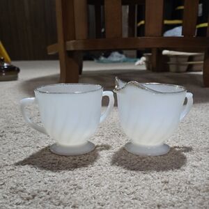 Fire King White and Gold Trimmed Creamer and Sugar Set
